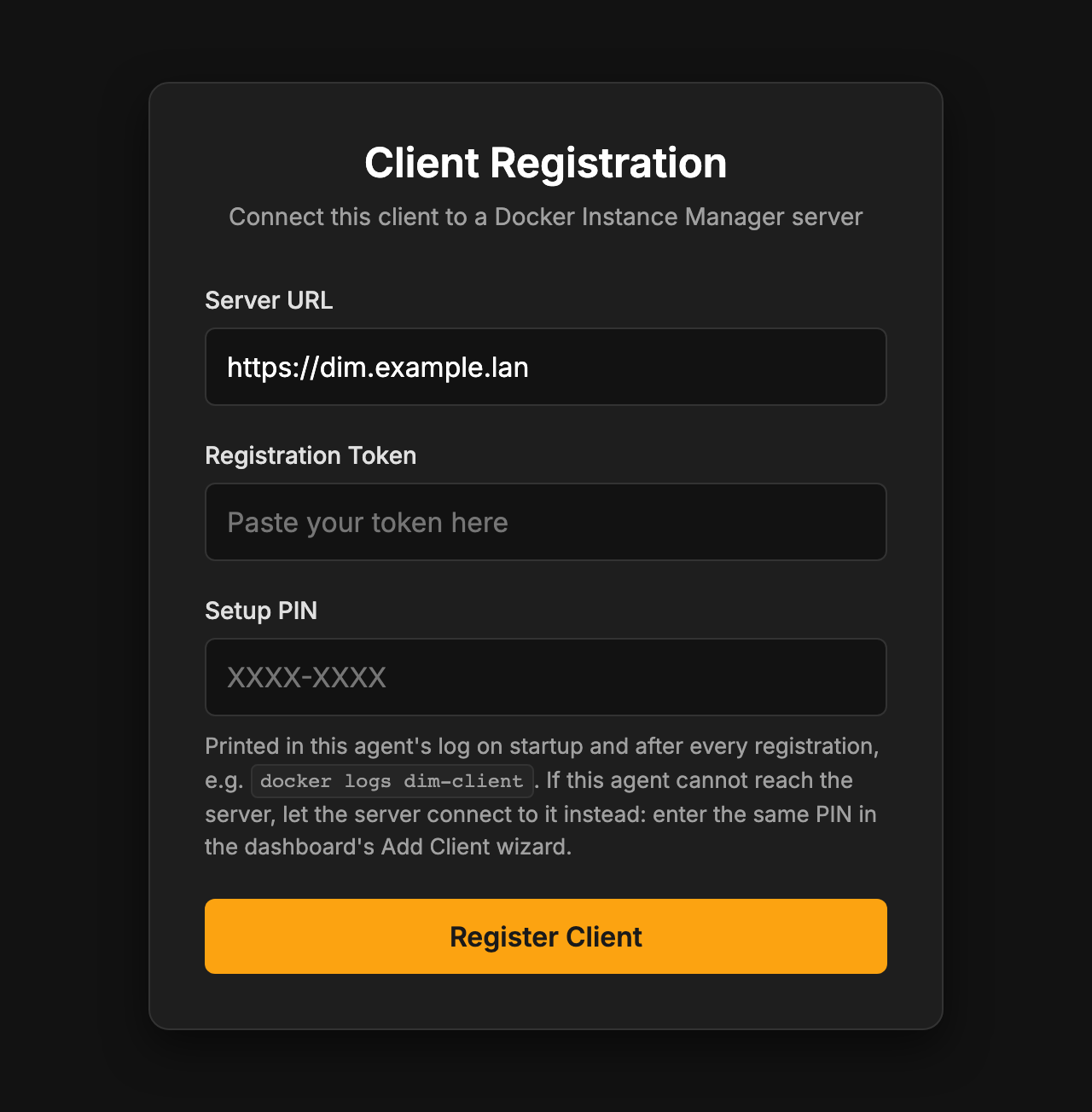 The agent's registration form