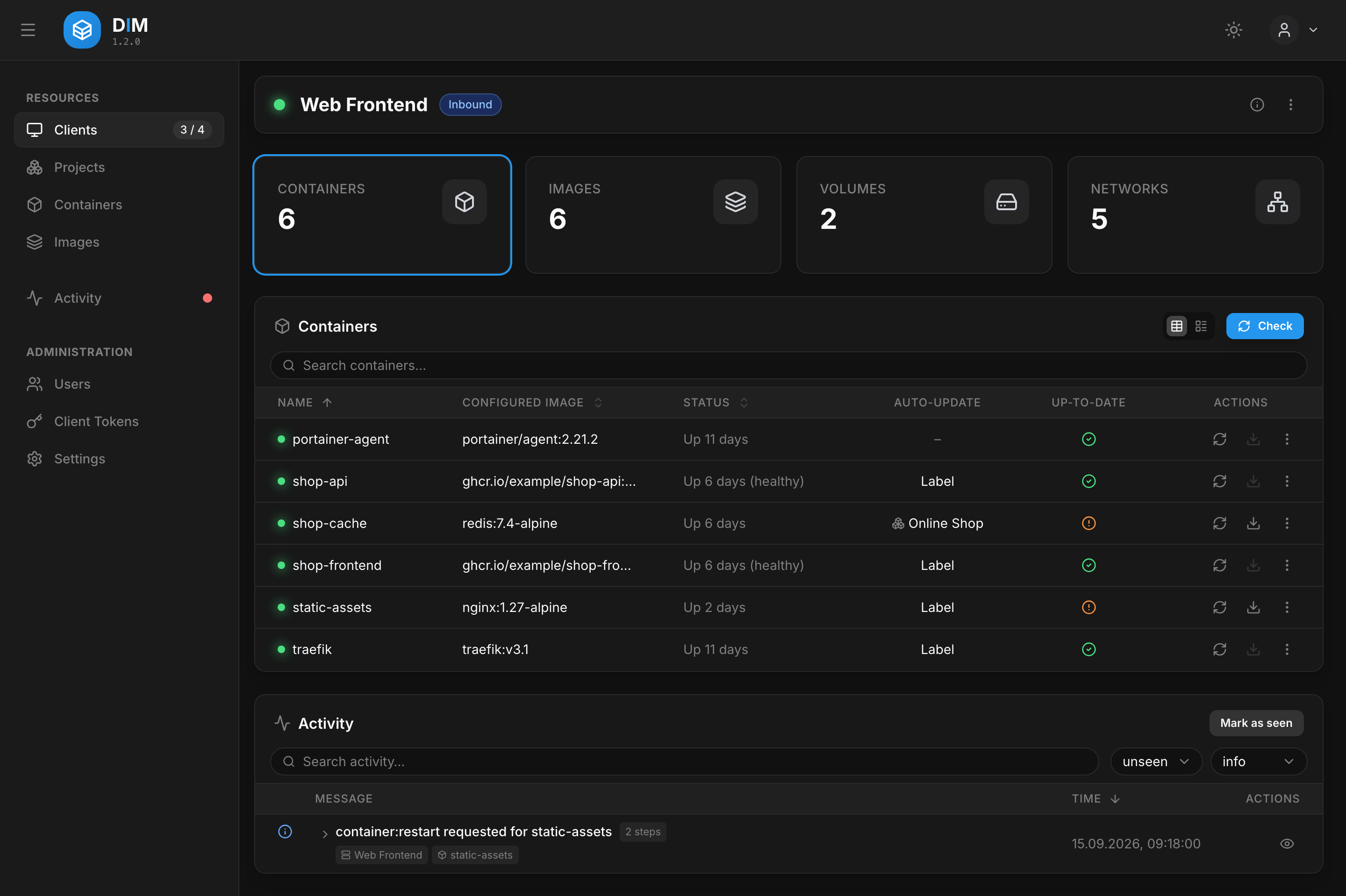 A single host with its containers, images, volumes and networks