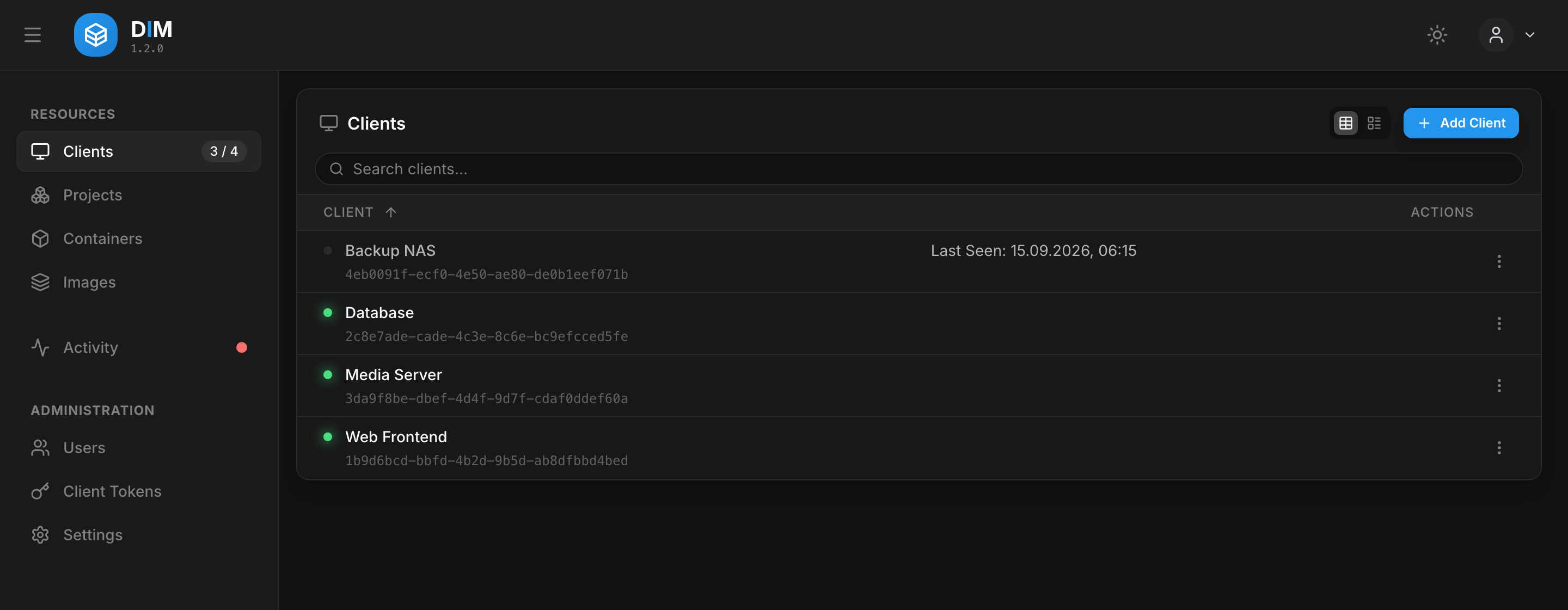 The client list, showing four Docker hosts and their online status