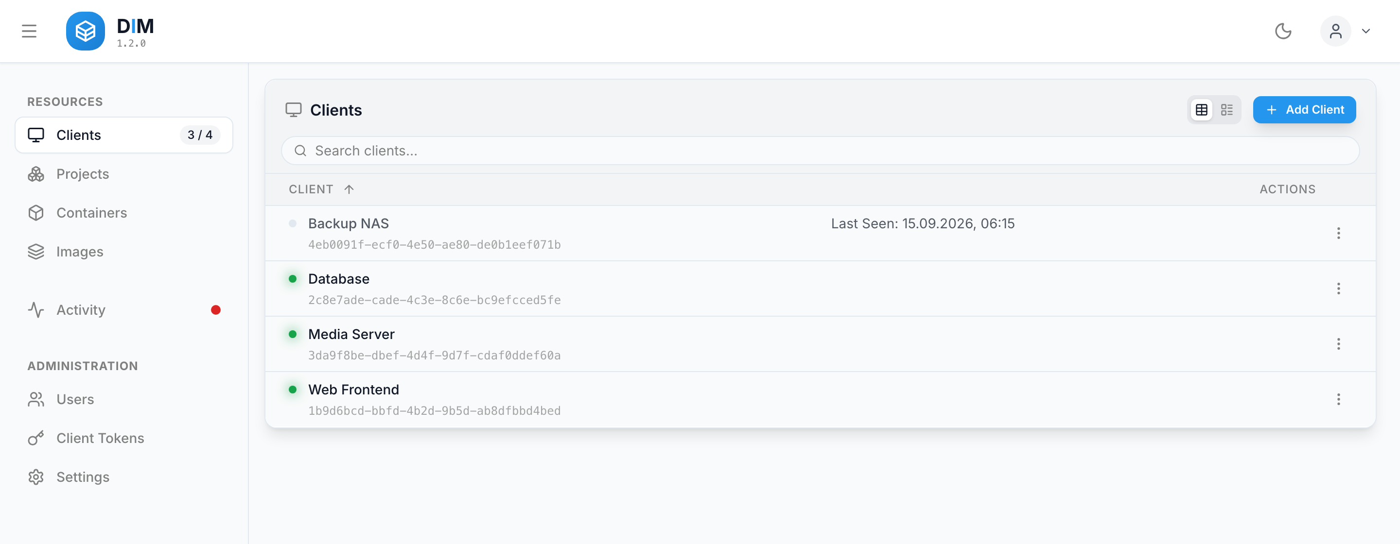 The client list, showing four Docker hosts and their online status
