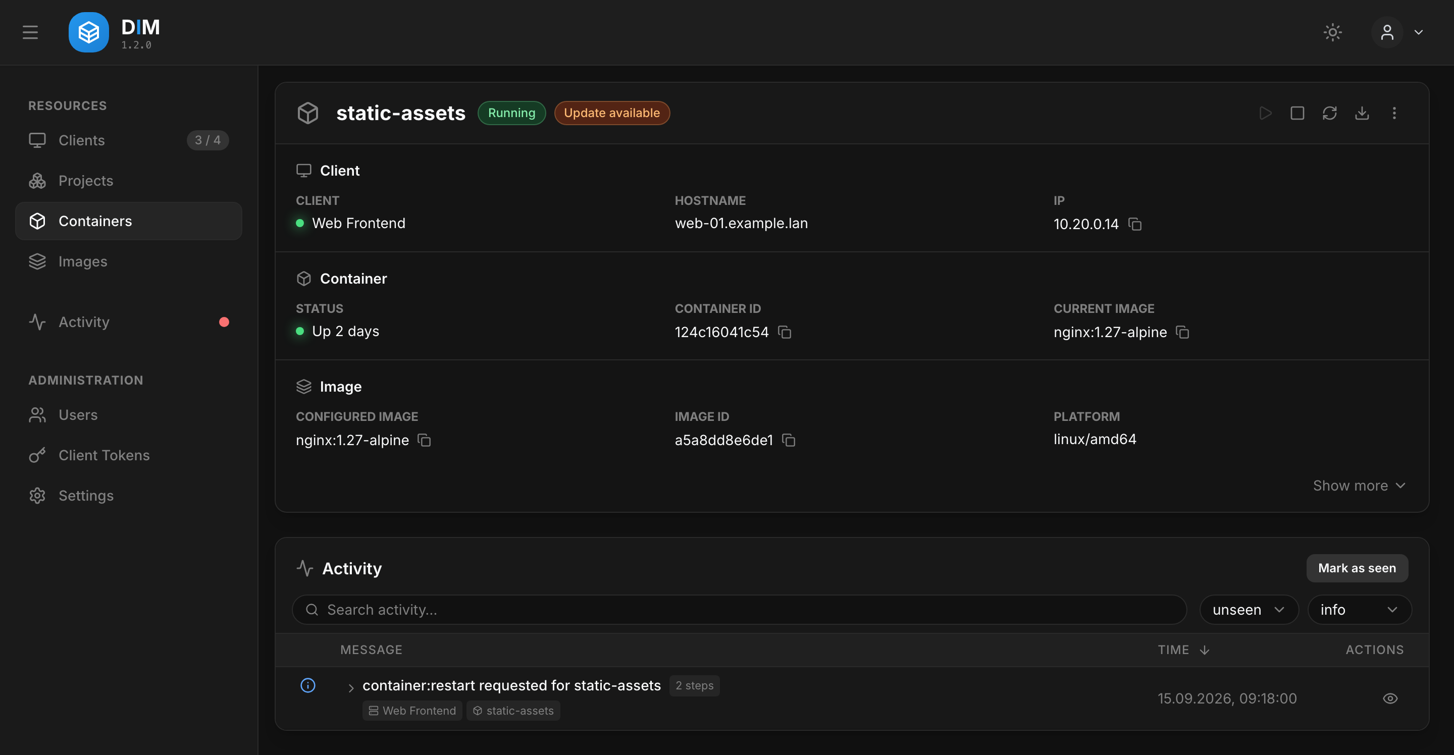 A container page with an update available