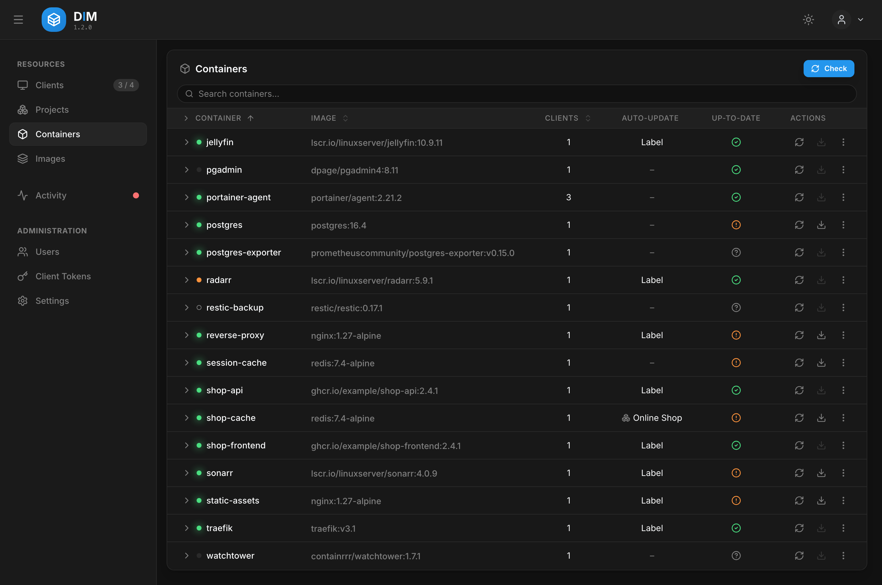 Containers across all hosts, with their update status