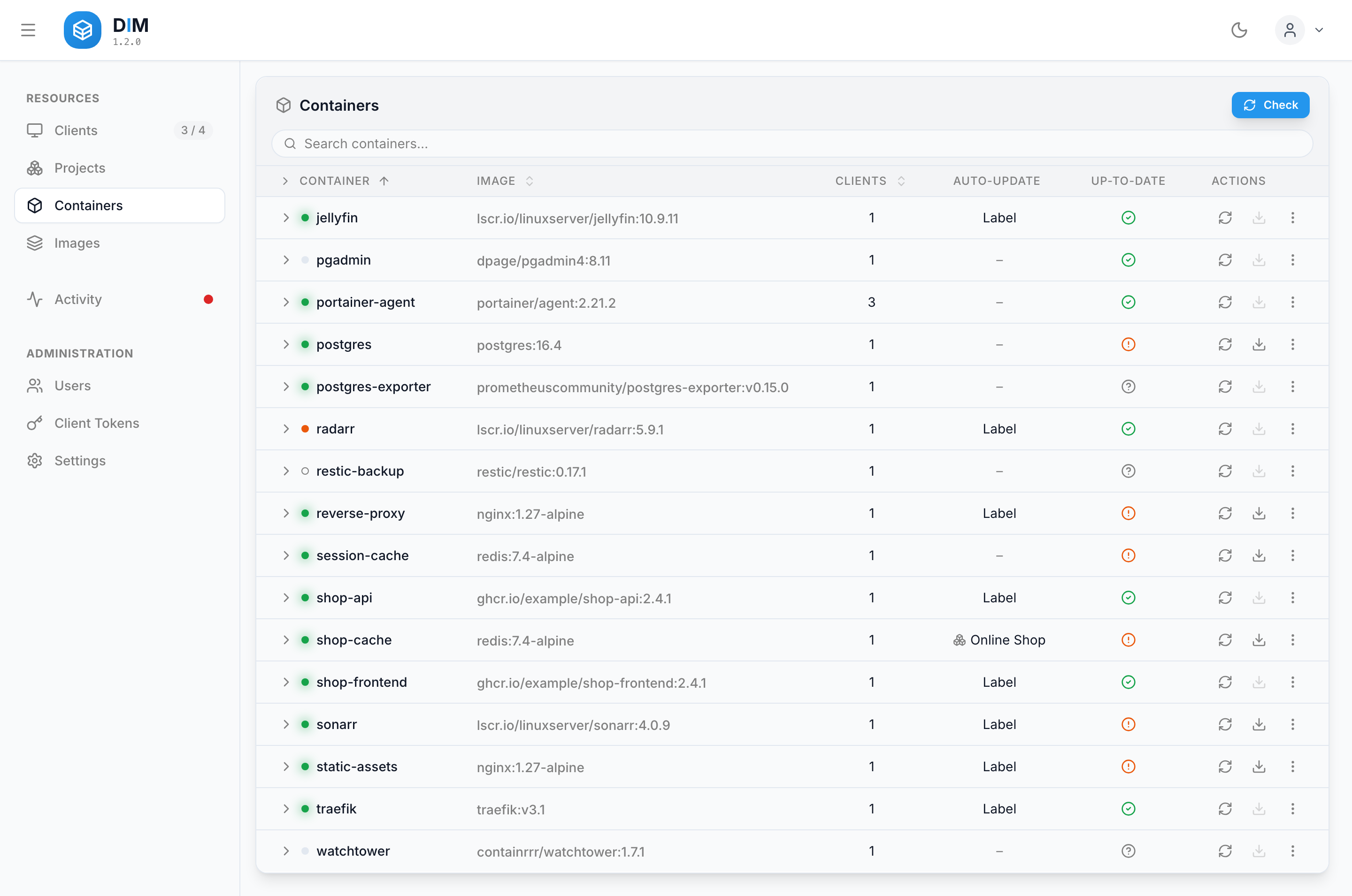 Containers across all hosts, with their update status