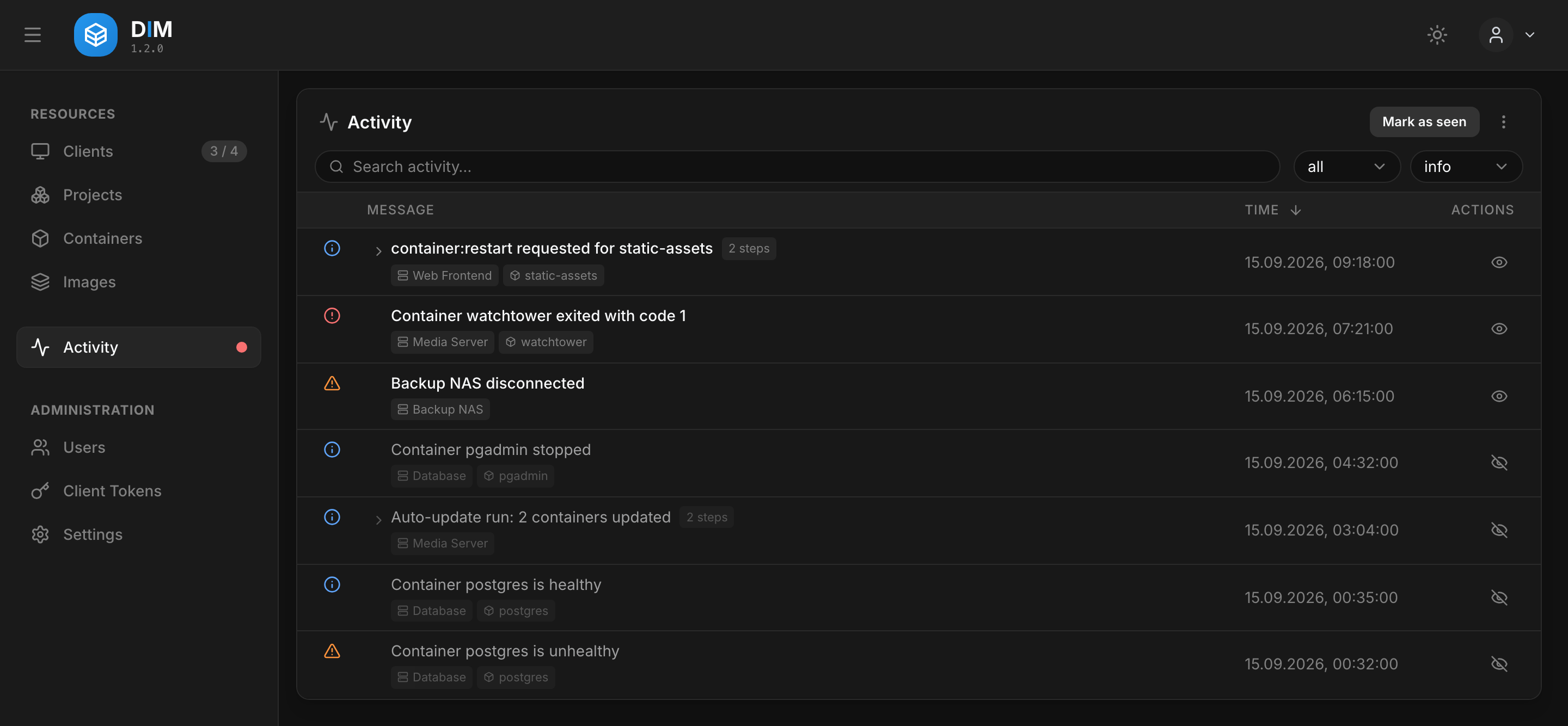 The activity list, with a restart grouped into its steps and an auto-update run
