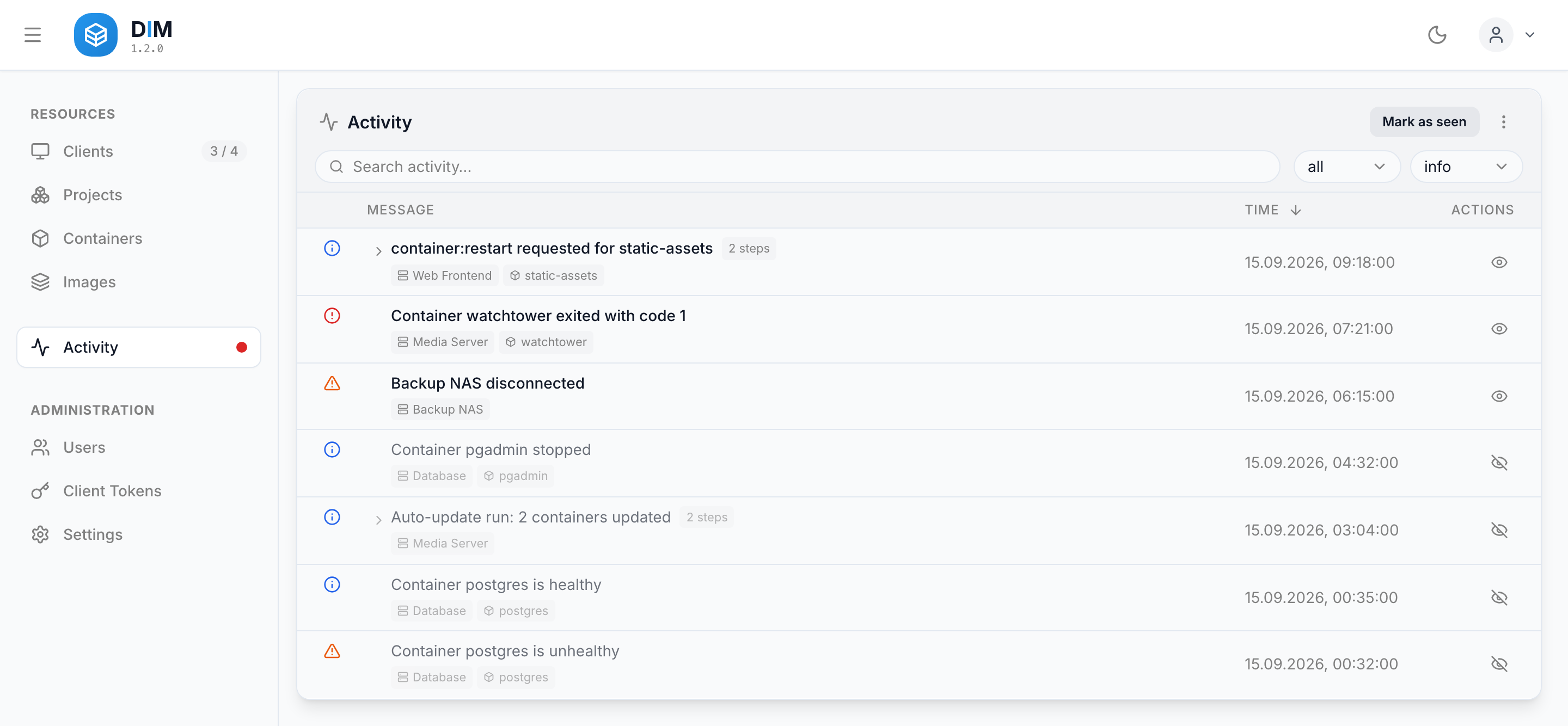 The activity list, with a restart grouped into its steps and an auto-update run