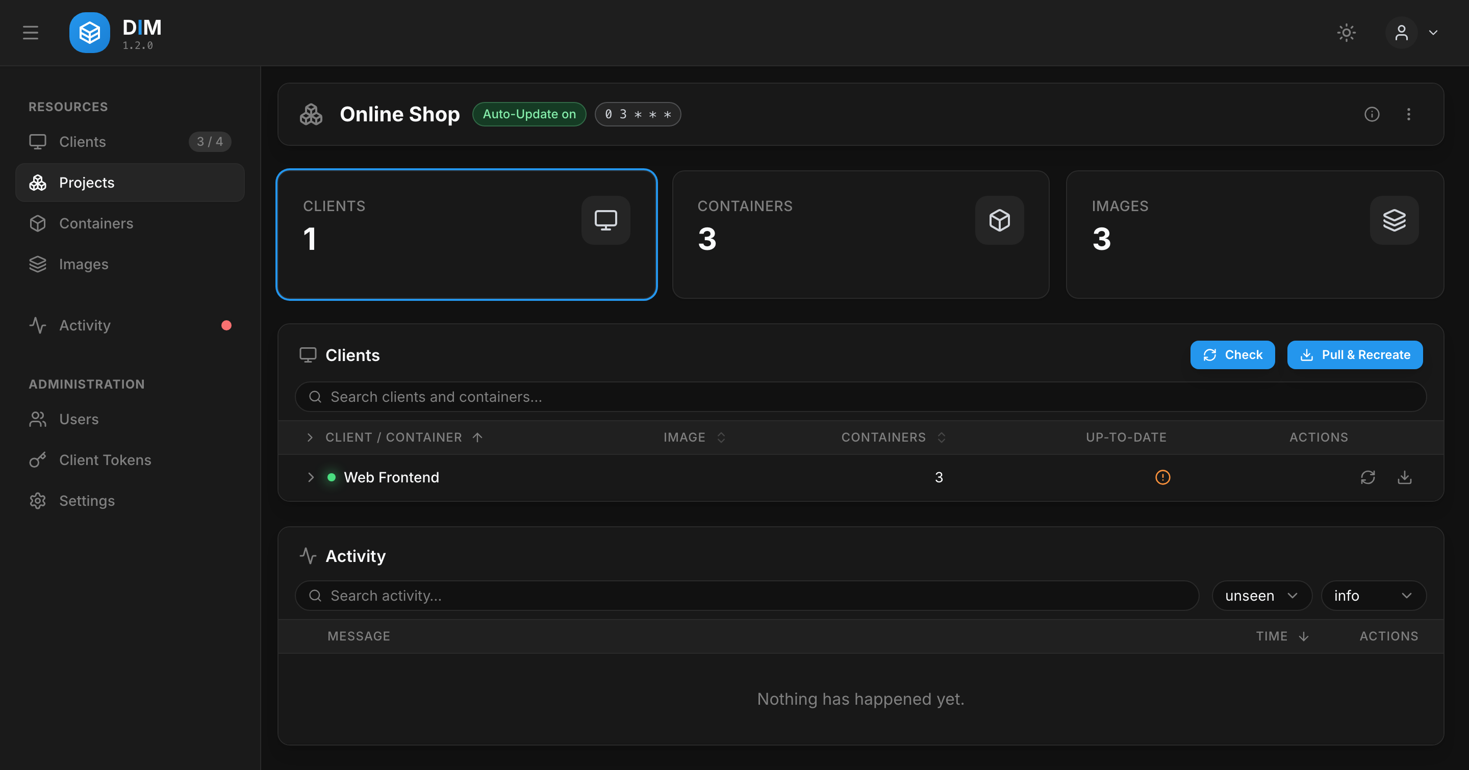 A project page with its host, containers and activity