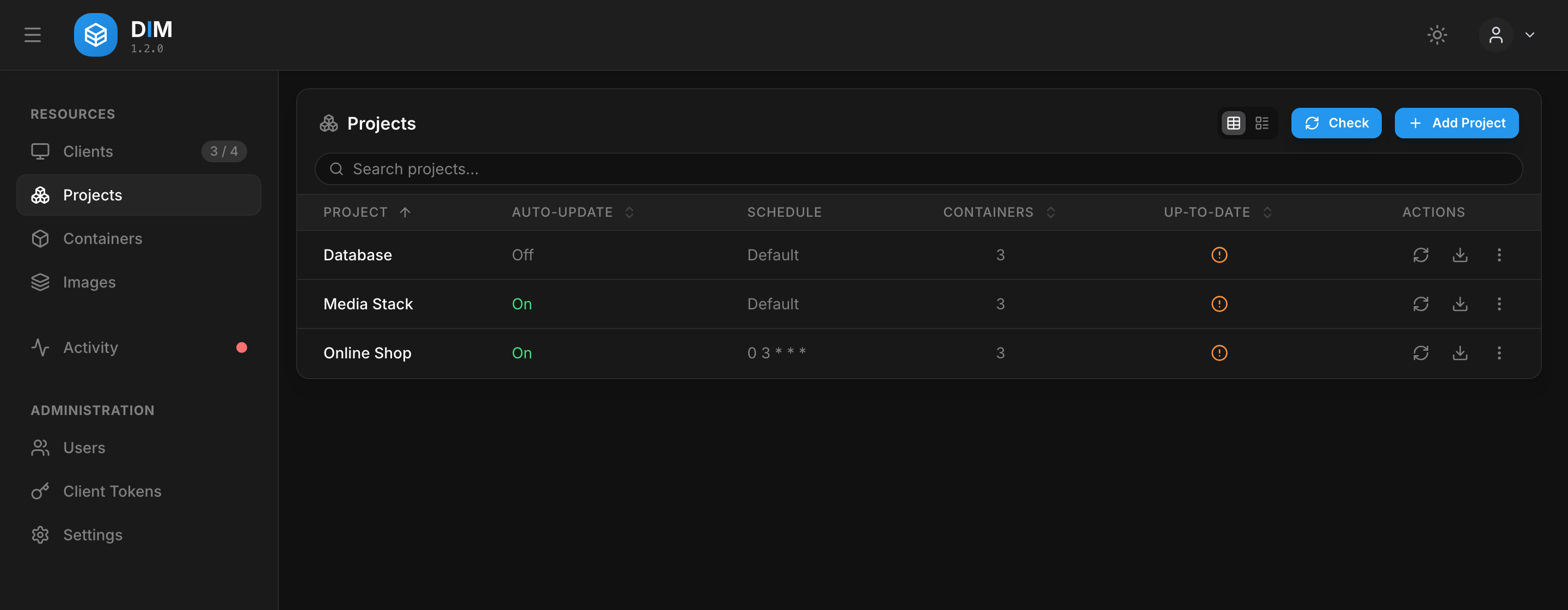 Projects, each with its auto-update setting and schedule