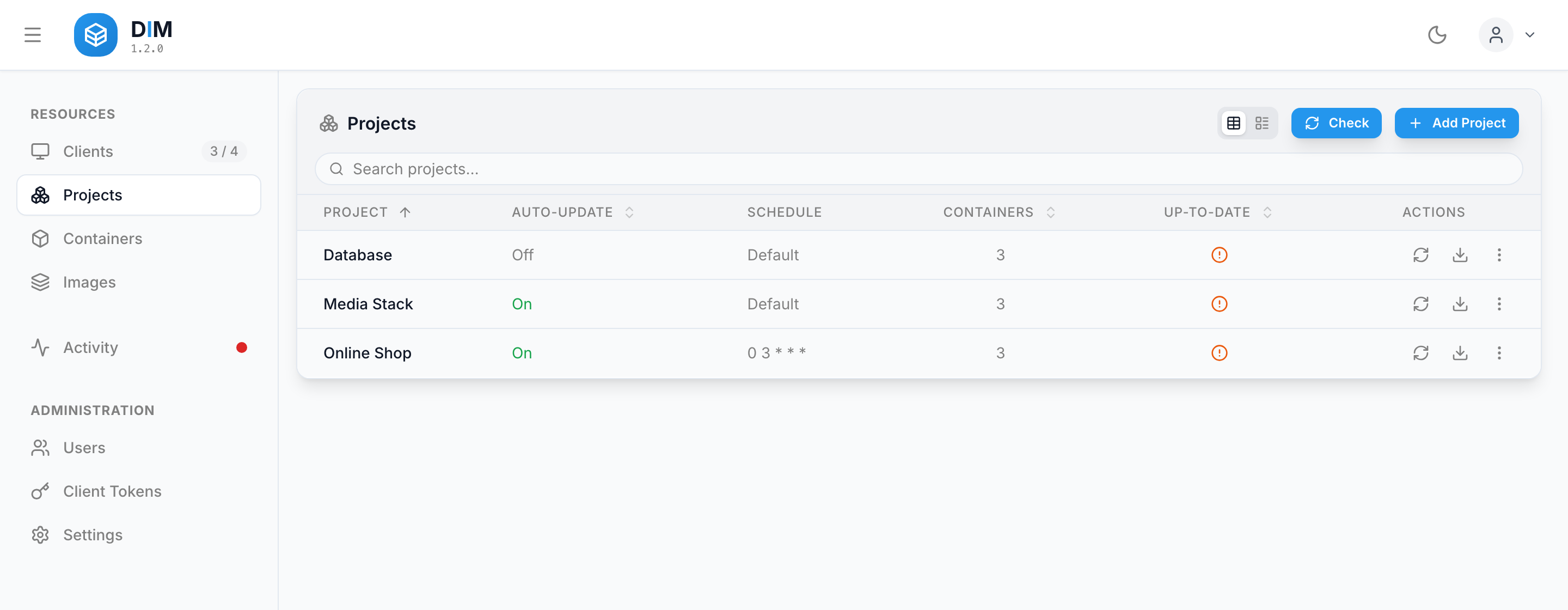 Projects, each with its auto-update setting and schedule