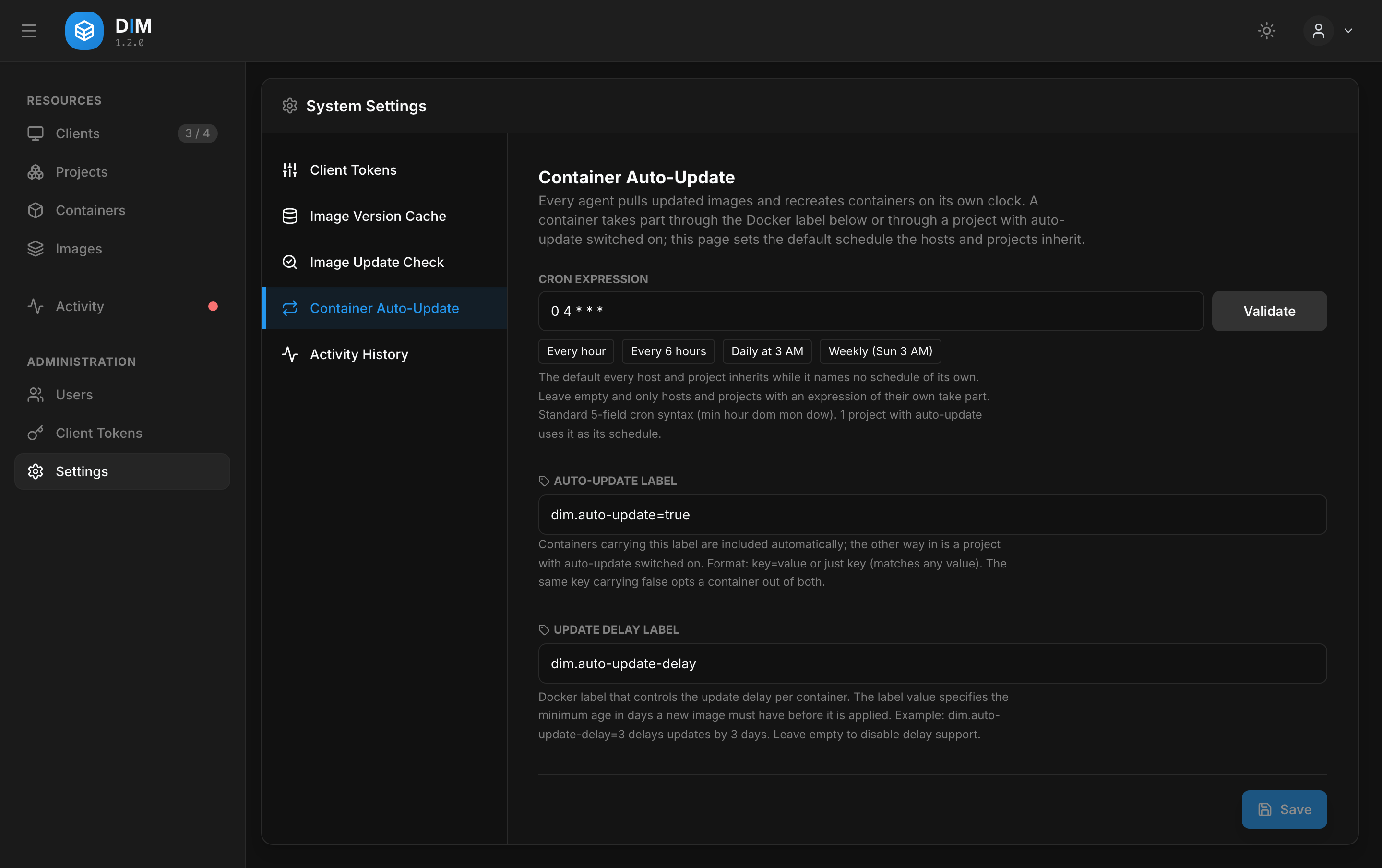 The auto-update settings: default schedule, enrolment label and delay label