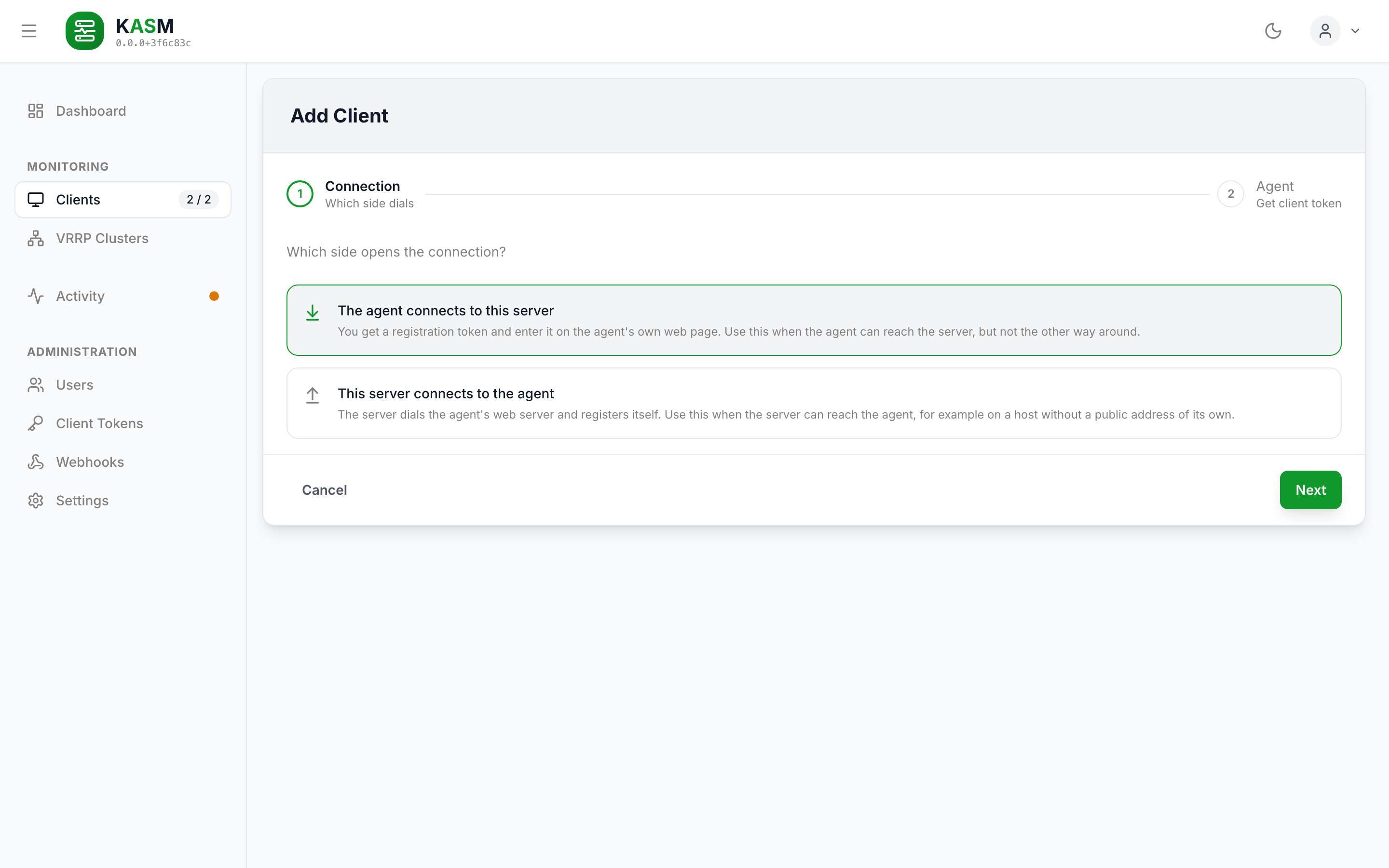 The Add Client wizard