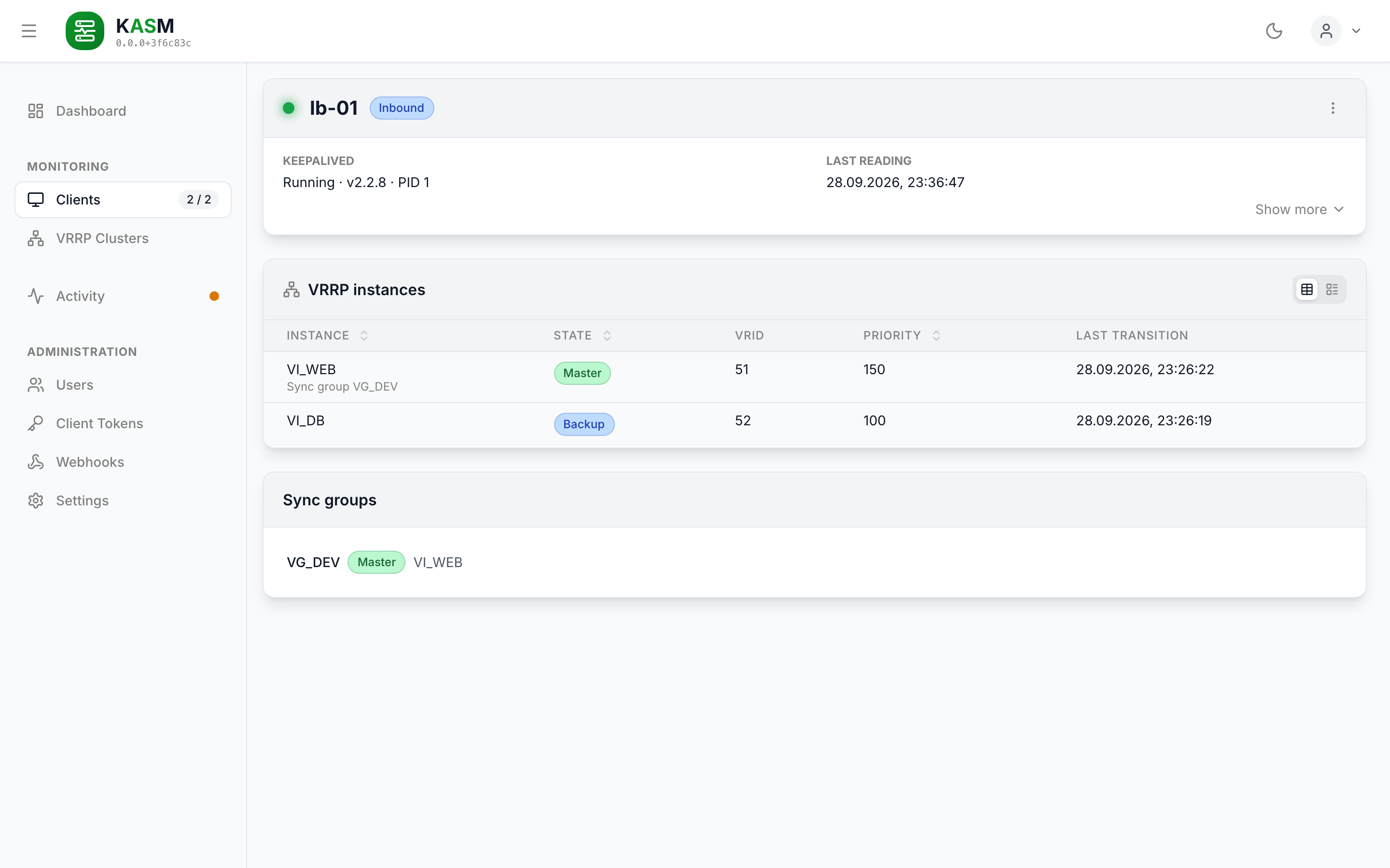 The detail page of client lb-01 with its VRRP instances and sync group