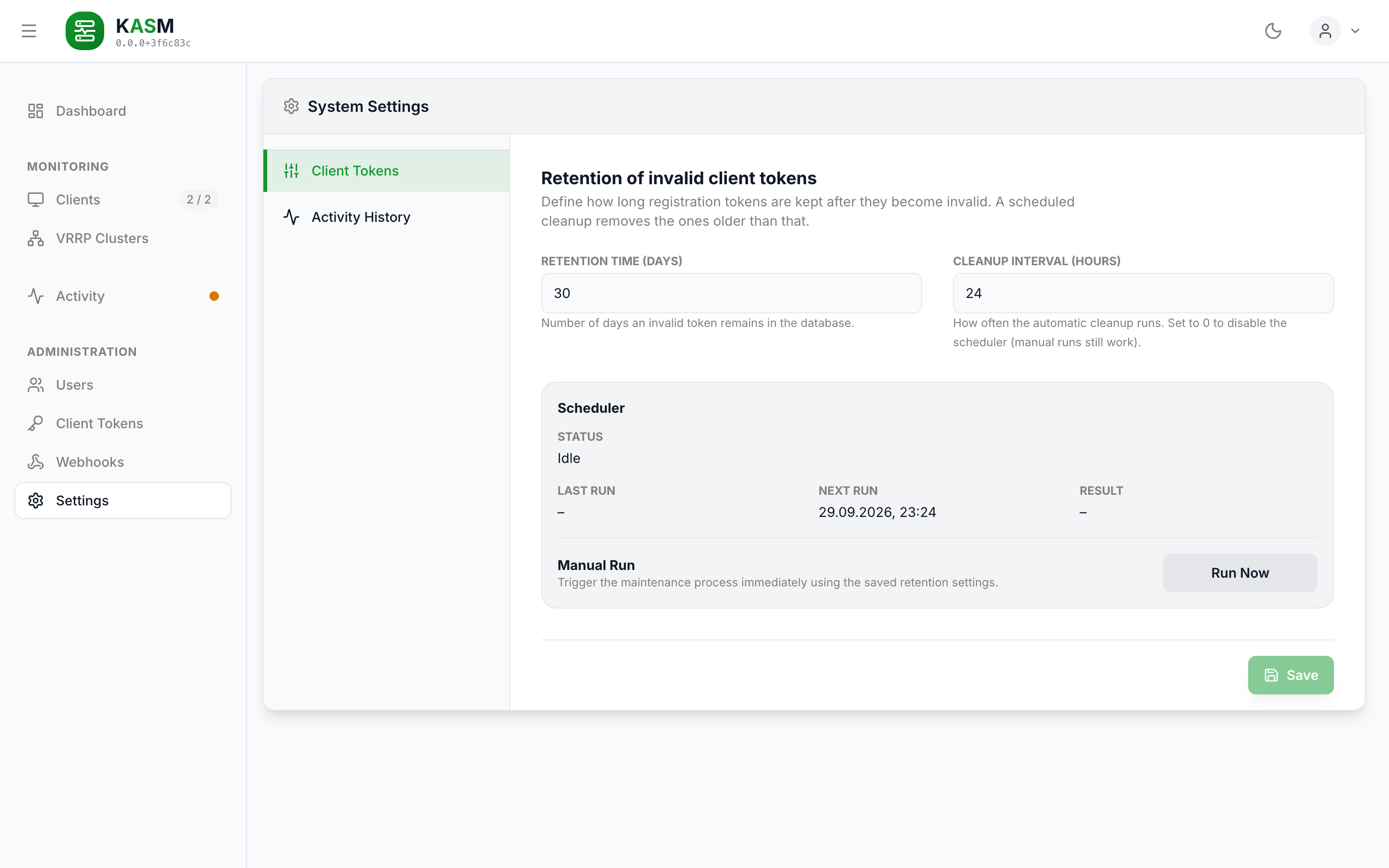 The Client Tokens tab of the settings page