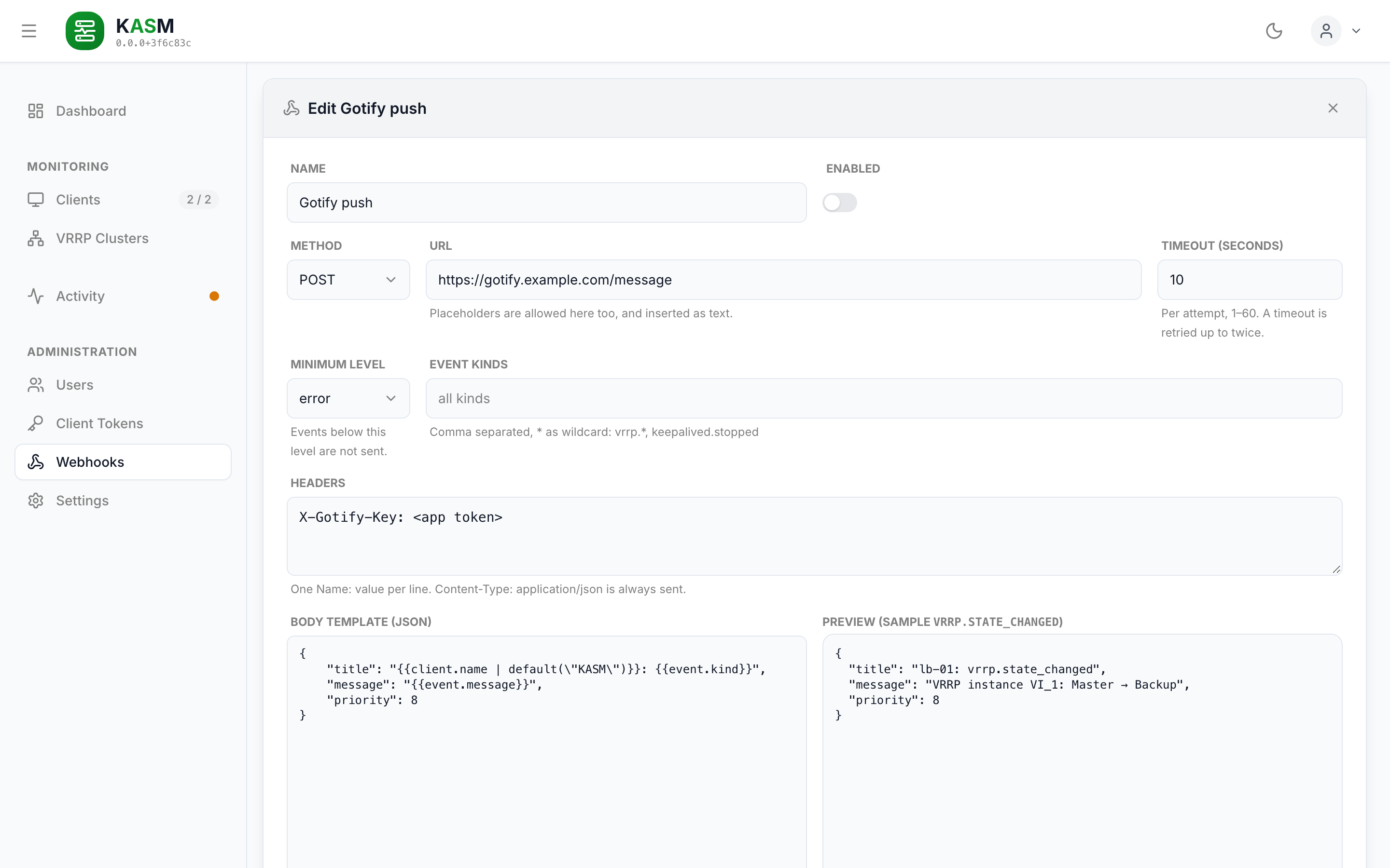 The webhook editor with a Gotify template and its rendered preview