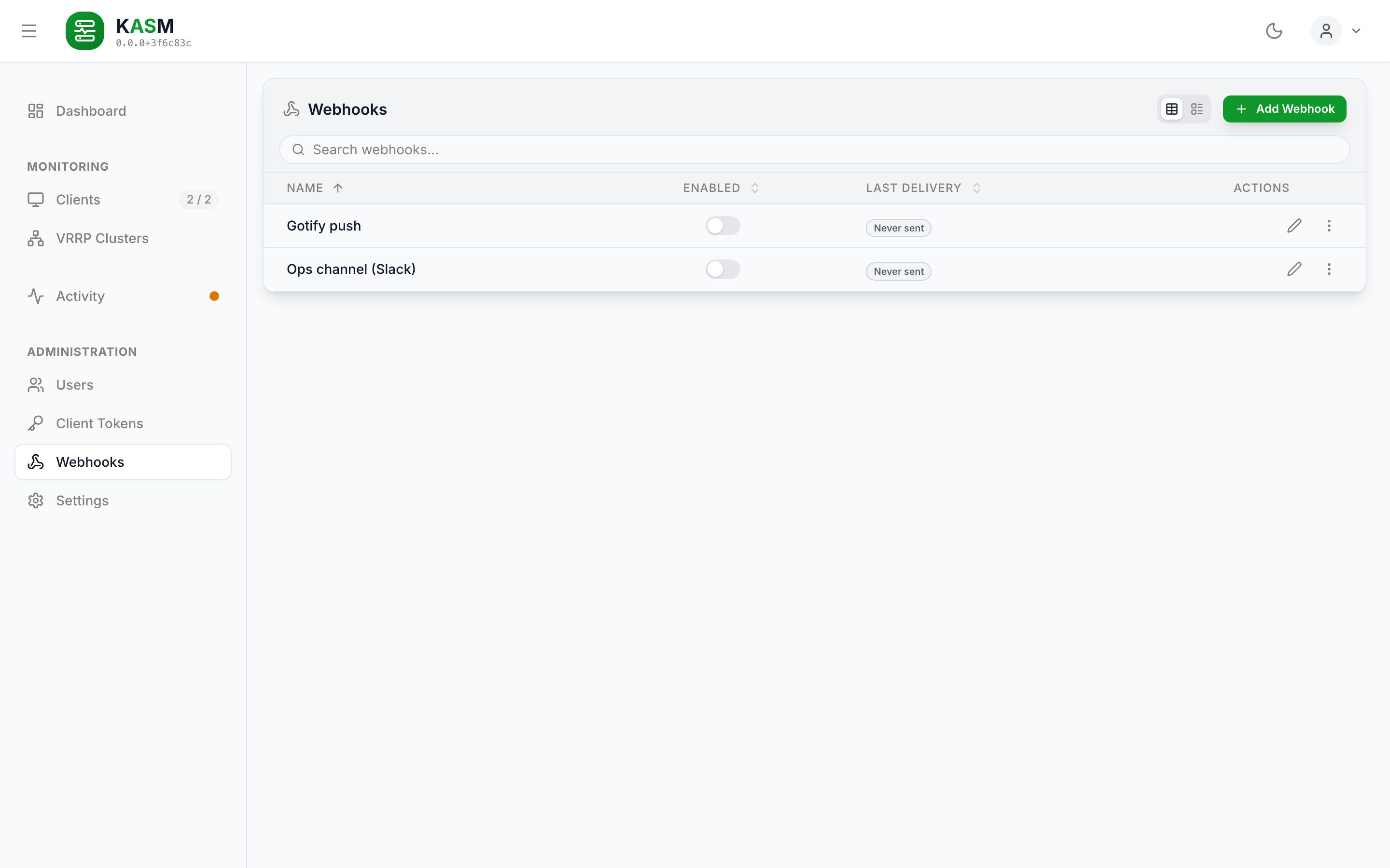 The webhook list with two webhooks