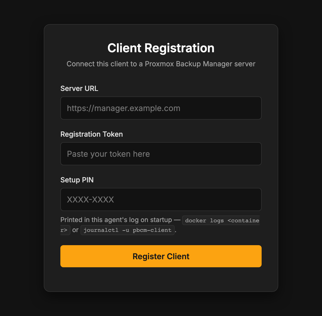 The agent's registration form, asking for server URL, registration token and setup PIN