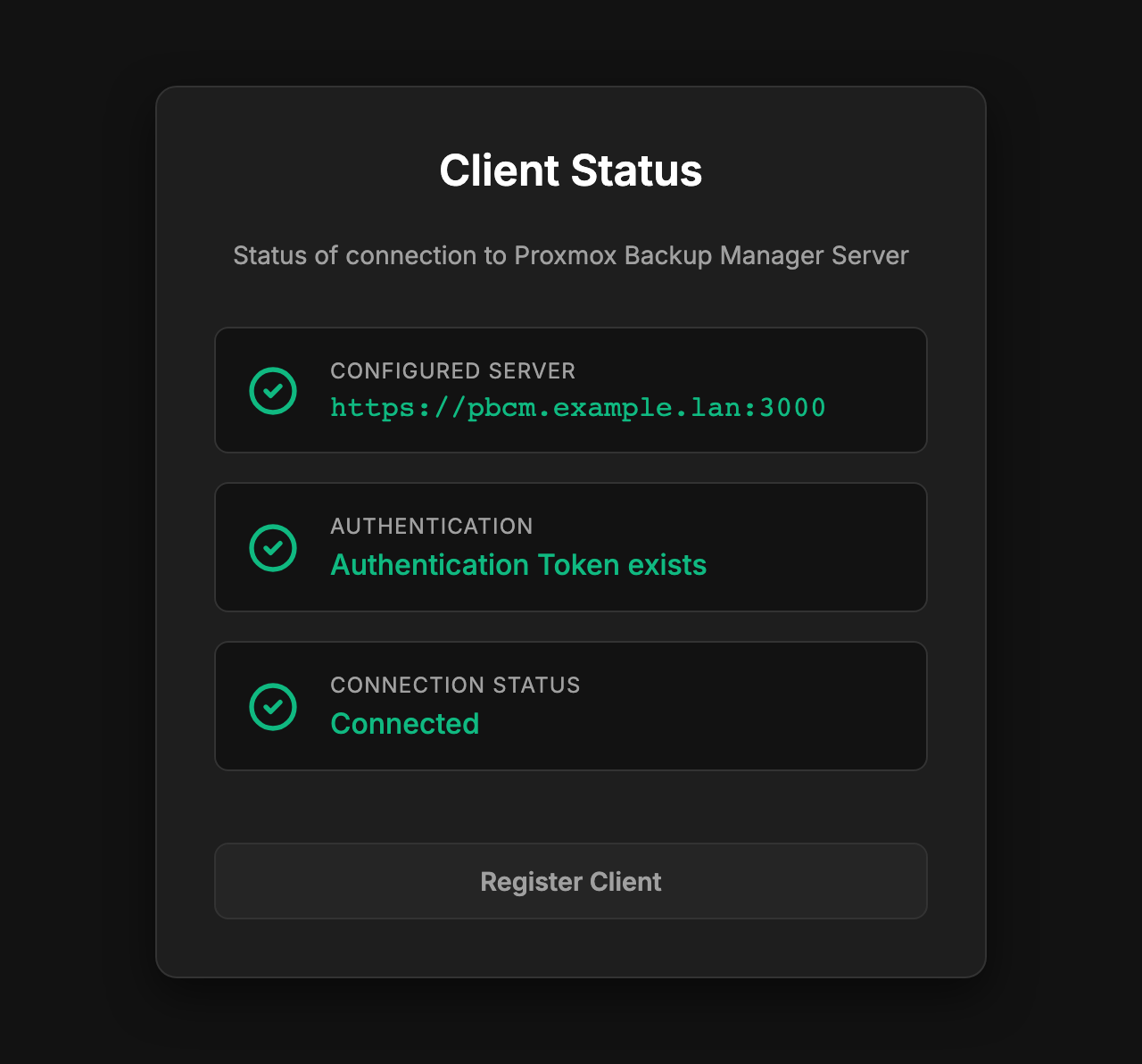 The agent's status page, showing the configured server, the token and a live connection