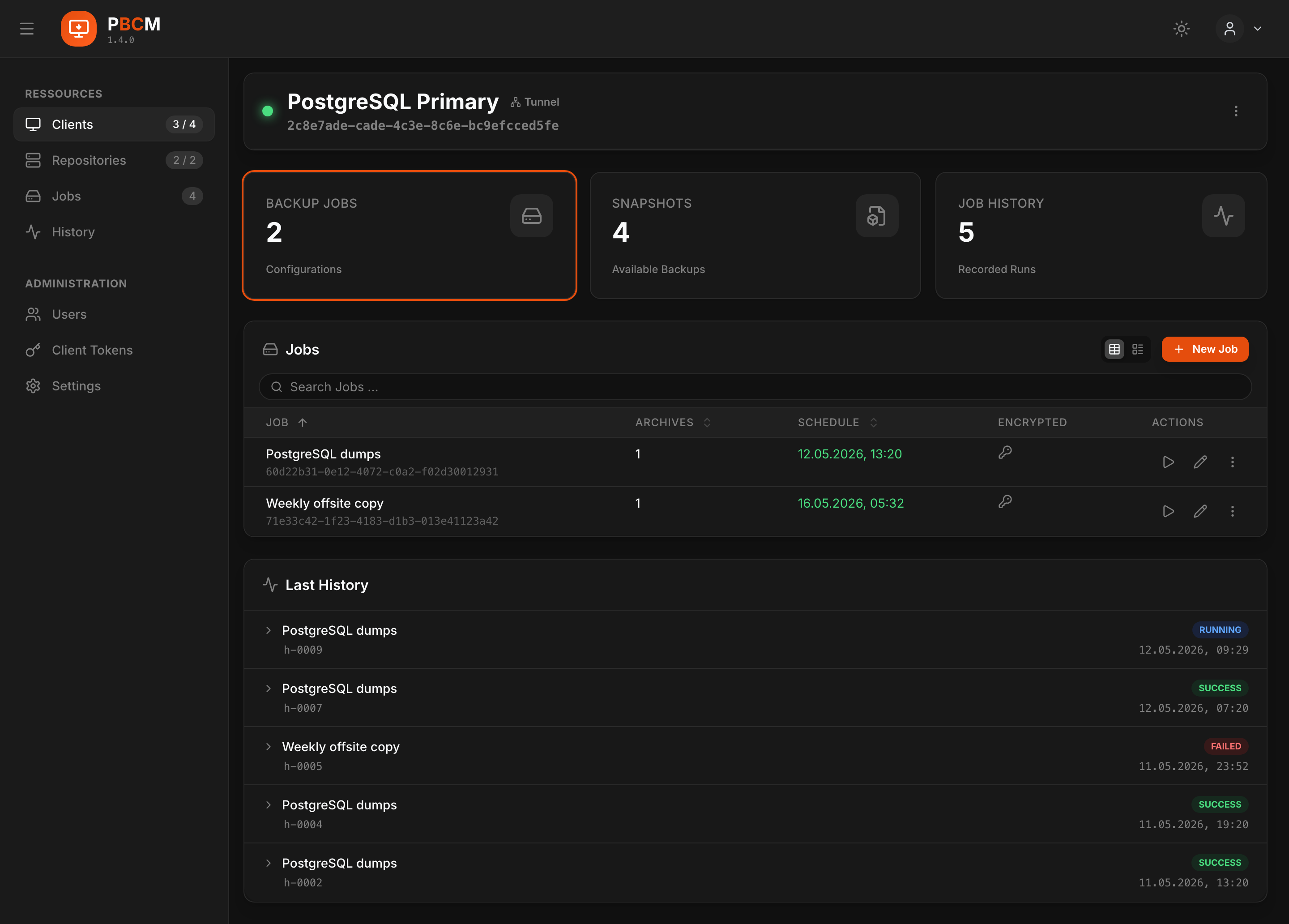 A single client with its backup jobs, snapshots and run history