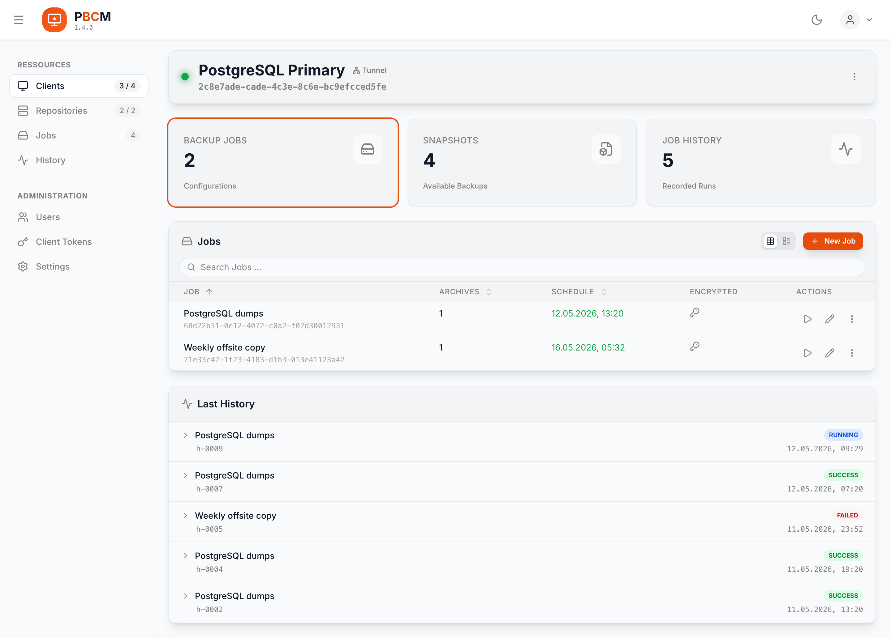 A single client with its backup jobs, snapshots and run history