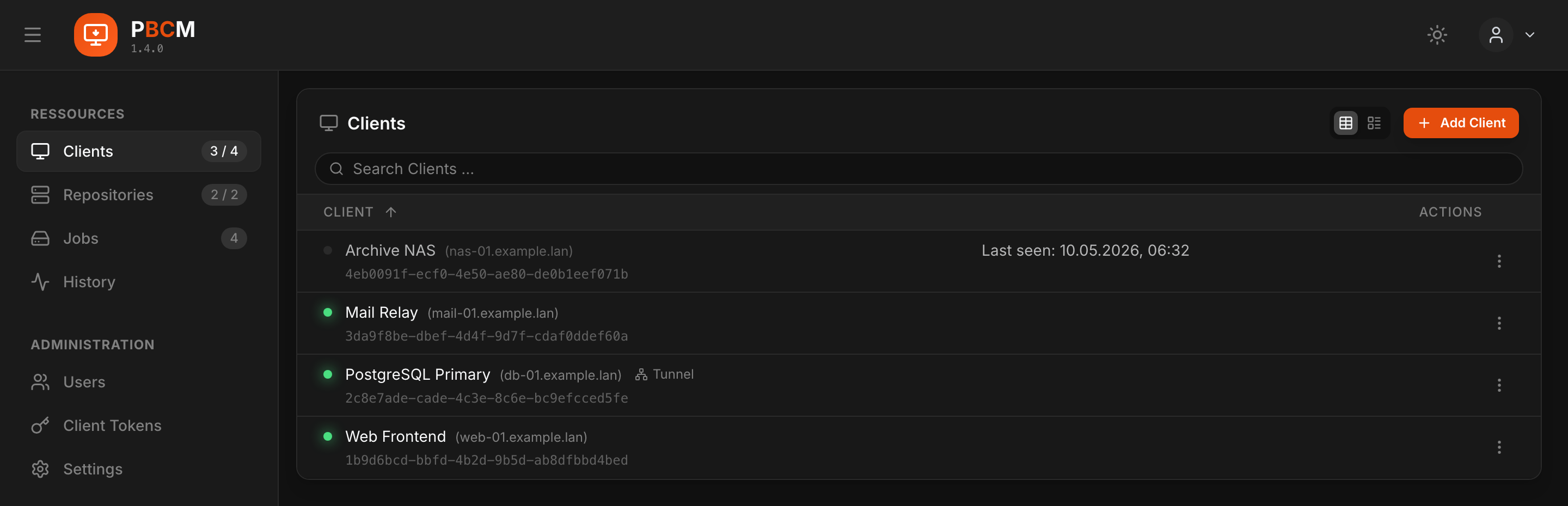 The client list, showing four managed hosts and their online status