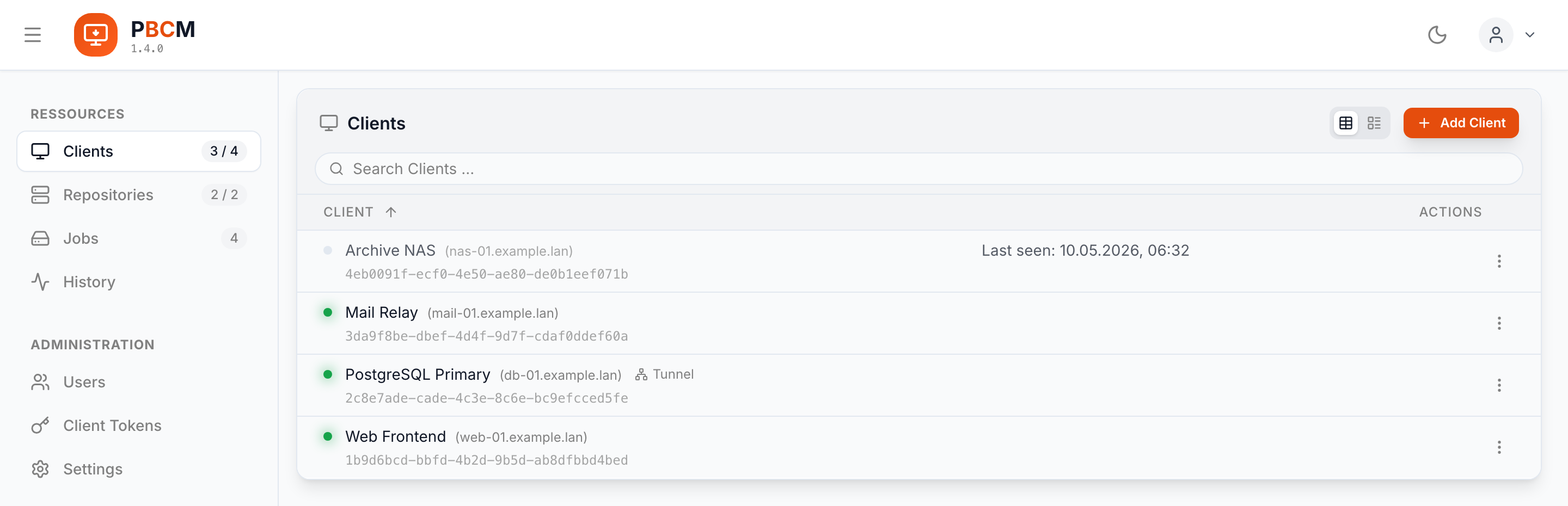 The client list, showing four managed hosts and their online status