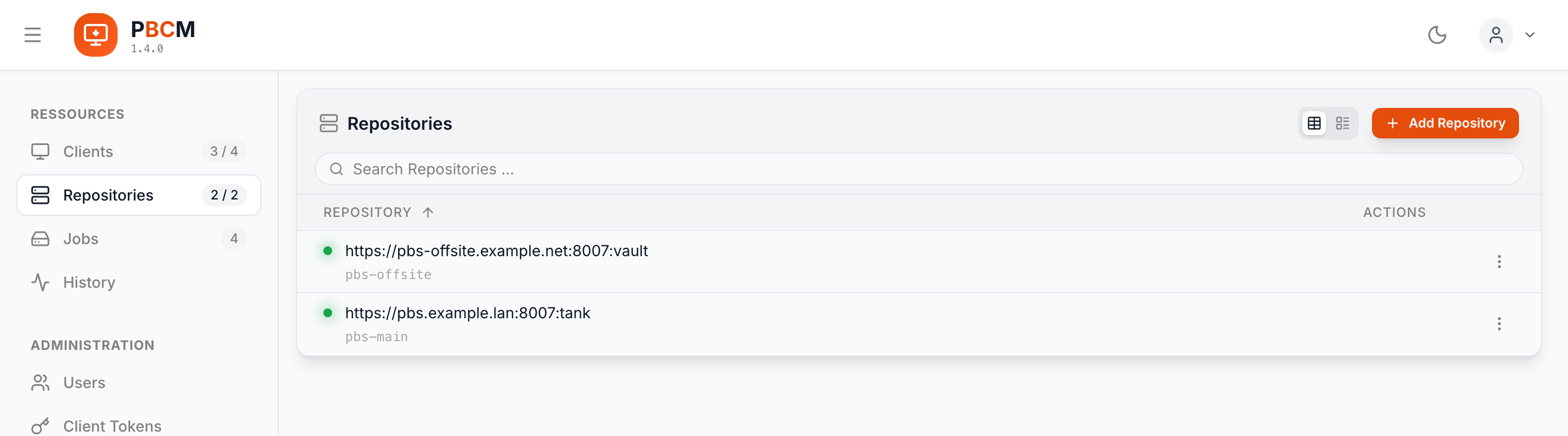 The managed PBS repositories and their reachability
